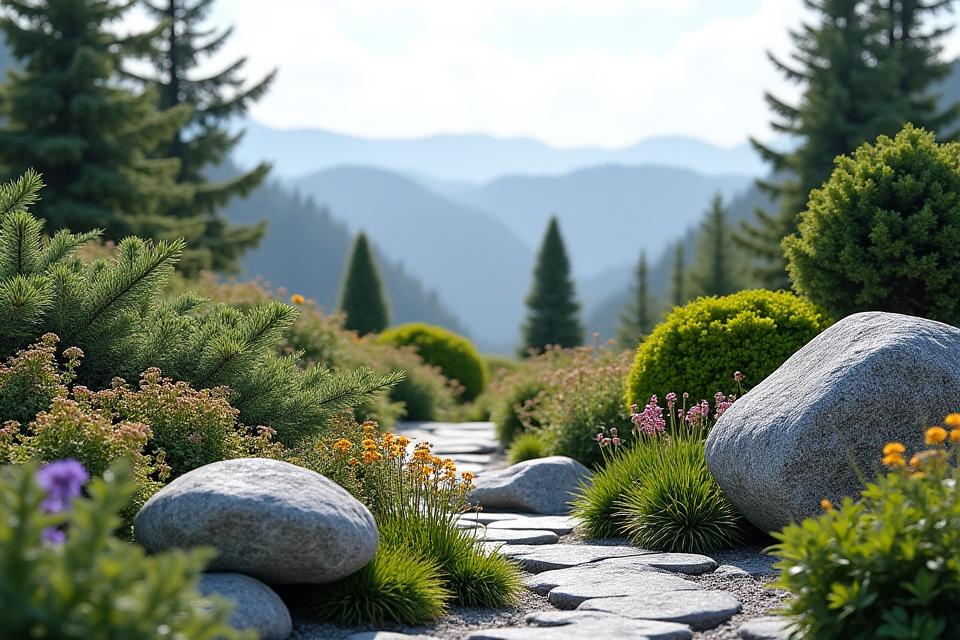 石と厳選された高山植物で構成された、力強くも繊細なアルパインガーデン。奥には日本の山並みを思わせる背景。