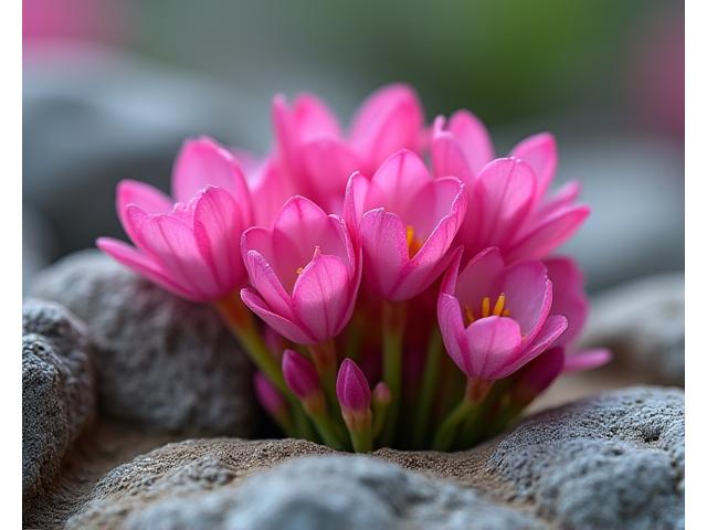鮮やかなピンク色の駒草が岩の隙間から咲いている様子