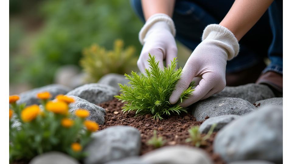 手入れされたアルパインガーデンで、慎重に植物の様子を見るガーデナーの手元。