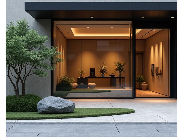 和モダン庭園が設置された高級店舗のエントランス。