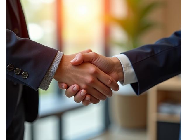 信頼を表す握手。奥には、プロフェッショナルなオフィス環境のぼやけた背景。