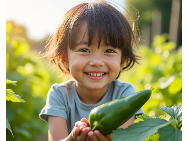 子供が笑顔で自分で育てた野菜を収穫している様子