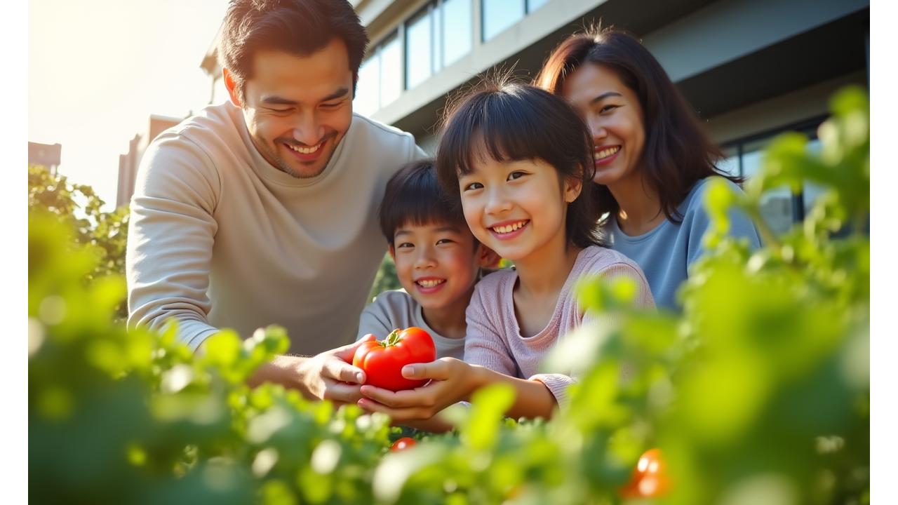 自宅のベランダで楽しそうに家庭菜園を育てる日本の家族