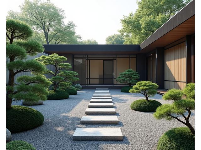 伝統的な日本庭園の要素と現代建築が融合した、ミニマリストな和モダン庭園