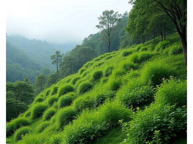 多種多様な在来植物が植えられた穏やかな緑色の法面、土壌浸食を防ぐための自然な景観