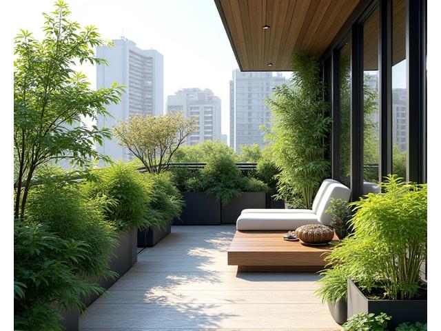 都会のバルコニーに設置された、鉢植え植物と小さな木々が配置されたモダンな屋上庭園