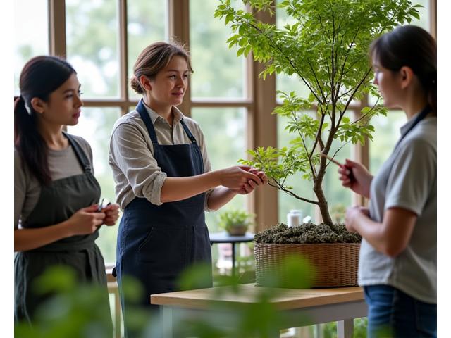造園ワークショップで、講師が参加者たちに植物の植え付け方を指導している様子
