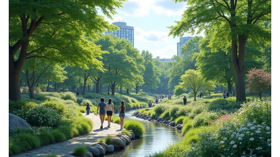 市民が散歩する、自然に近い形で整備された広大な都市公園、多様な植物と小川