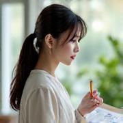 建築士と植物学の知識を持つ、若い女性の庭園設計士がデザイン案を検討している様子