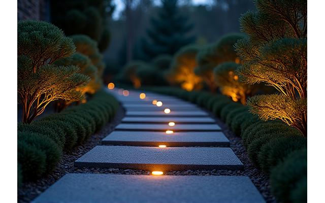 夜の庭園を美しく照らすLED照明。