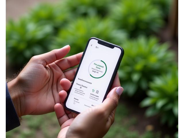 スマートフォンのアプリで庭園の自動灌水システムを操作する様子。