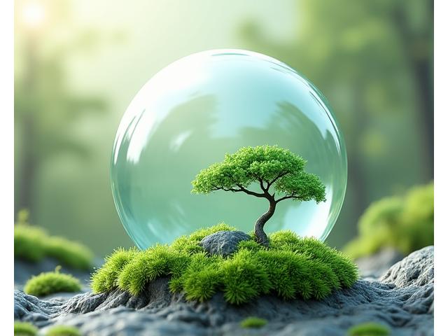 透明な盾が木々と成長する植物の風景を守っており、保護と責任の境界を示唆している。