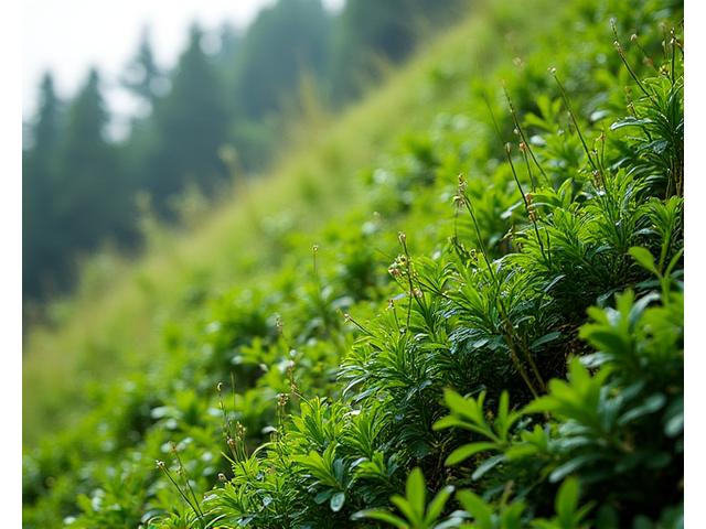 雨の後に安定化された急斜面に根付いた日本の在来植物と、土壌保護メッシュ。