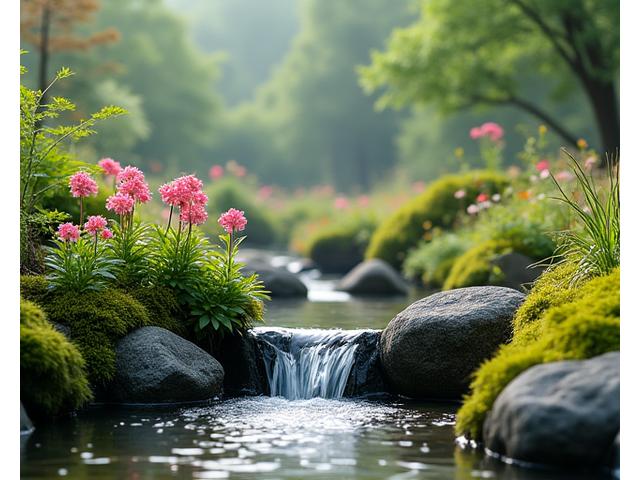 雪解け水が流れるアルパインガーデンに咲く色彩豊かな高山植物。日本庭園の要素を取り入れた和モダンな景色。
