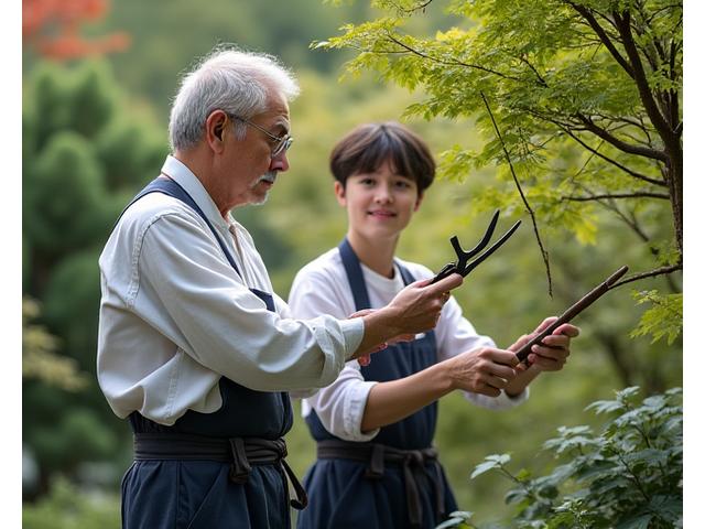 日本庭園を背景に、若手庭師がベテランの指導のもとハサミと剪定道具を手に実地研修を受けている。