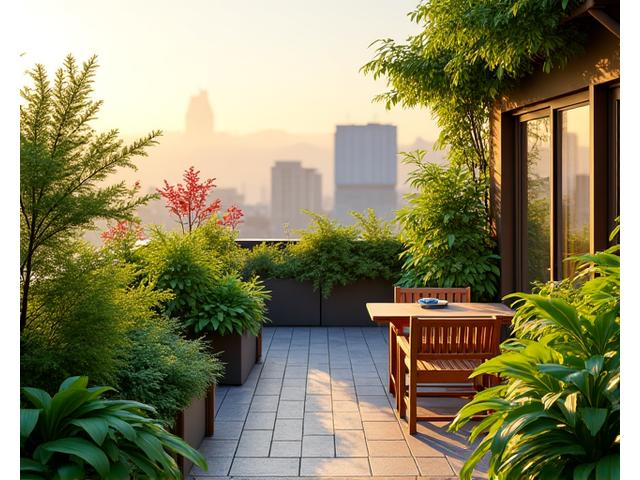 都市の高層ビル群を背景に、緑豊かなバルコニーと屋上庭園でくつろぐ人々。