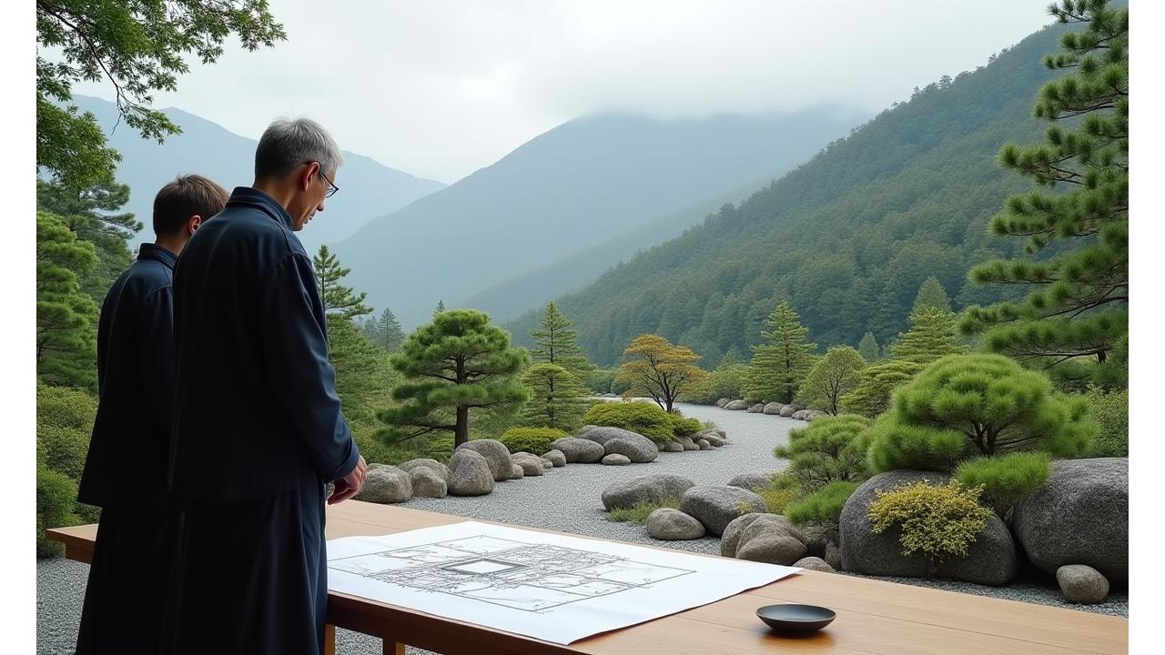 日本の美しい庭園を背景に、庭園設計図面を見つめる専門家たち。山風ガーデンズの設計・施工・維持管理の一貫サービスを象徴する雄大な景色