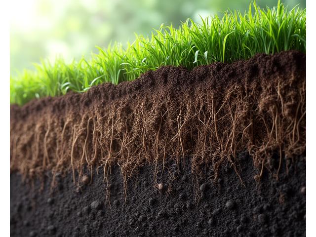 斜面に深く根を張る植物の断面図。複雑で強固な根のネットワークが土壌をしっかりと保持している様子。