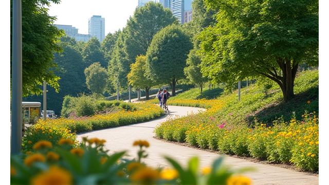 八王子市の公園内の斜面が、色とりどりの植物と景観木で美しく緑化され、安定している。子供たちが安全に遊べる環境。