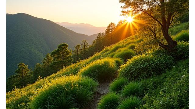 様々な種類の植物がバランス良く植えられた、健康的で安定した斜面。