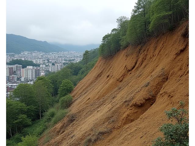 豪雨により土がむき出しになった危険な斜面。亀裂が入り、今にも崩れそうな様子。