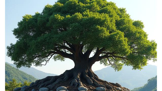 太く深い根を張るシラカシの木。その根が石や土をしっかりと抱え込んでいる様子。