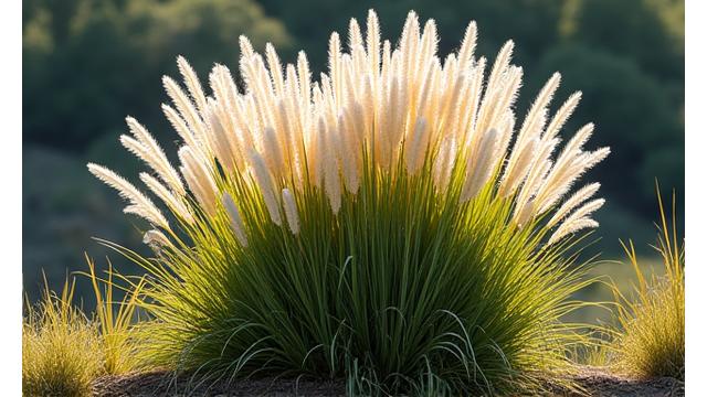 秋の草原に群生するススキ。地面にしっかりと根を張る姿と、風になびく穂が特徴。