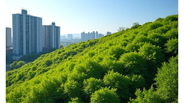 多摩地区の工場敷地内にある、コンクリート法面が自然植生で完全に緑化され、周辺環境に溶け込んでいる様子。