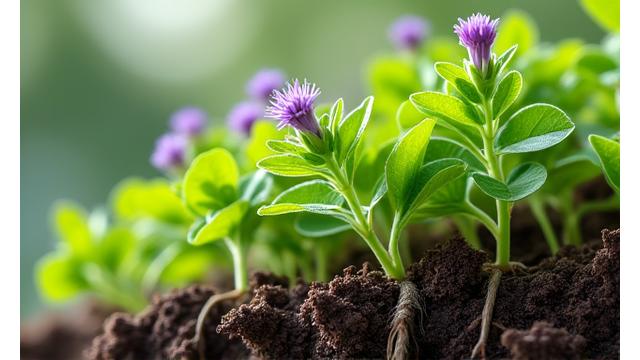 鮮やかな緑の葉と小さな紫色の花をつけたヤマハギの株のクローズアップ。根がしっかり土を掴んでいる様子。